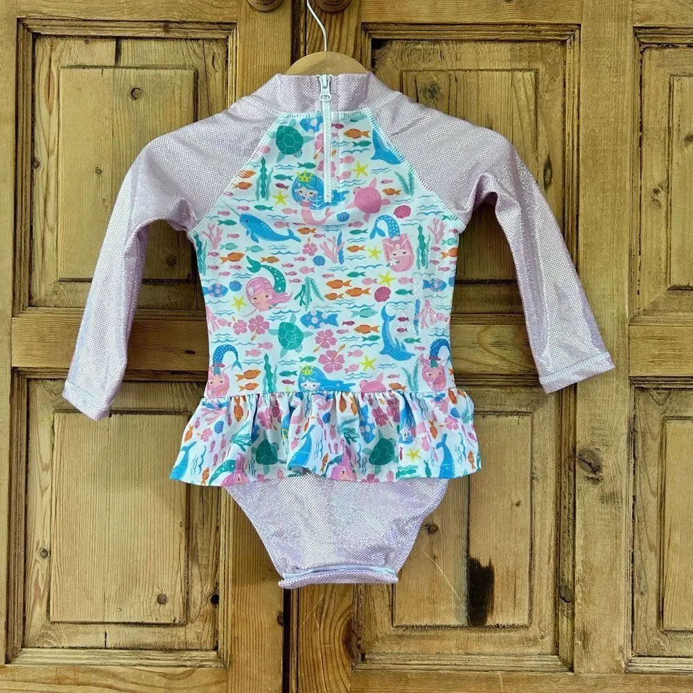NWT FlapHappy 18M‎ UPF 50+ Rashguard Swimsuit Mermaid Fish Glitter Pink Baby